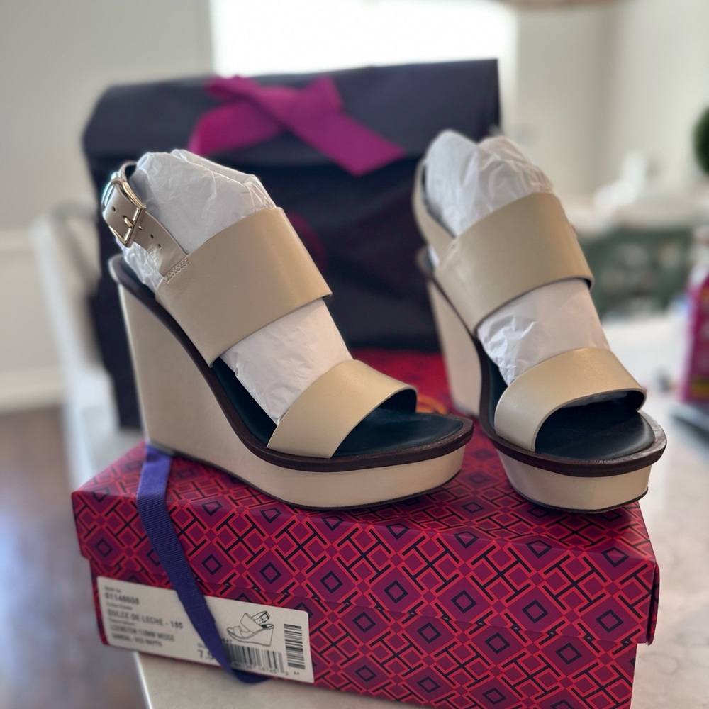 Tory Burch Cream Wedge Sandals with Platform Sole